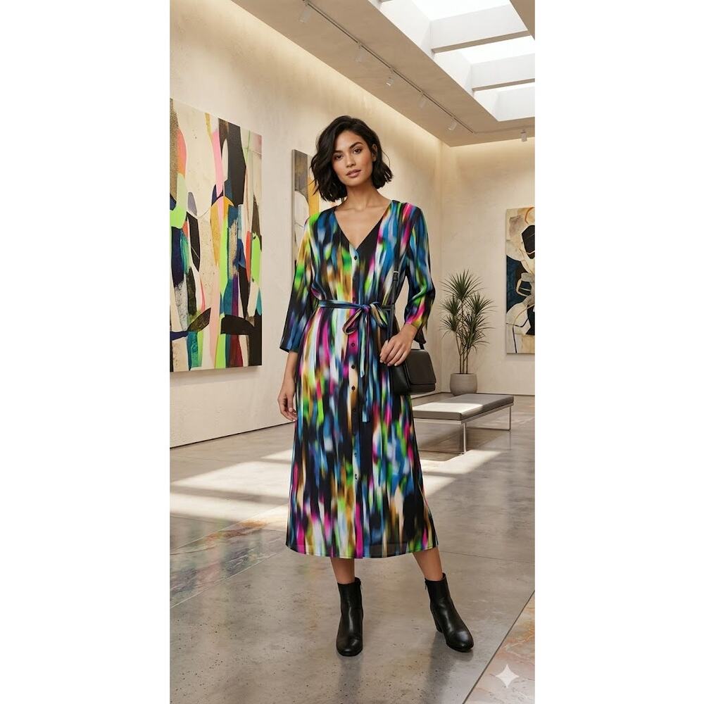 ICHI for Anthropolgie Abstract Vibrant Brushstroke Print Midi Dress Avant-Garde